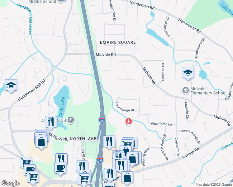 map of restaurants, bars, coffee shops, grocery stores, and more near 3479 Castleridge Drive in Tucker