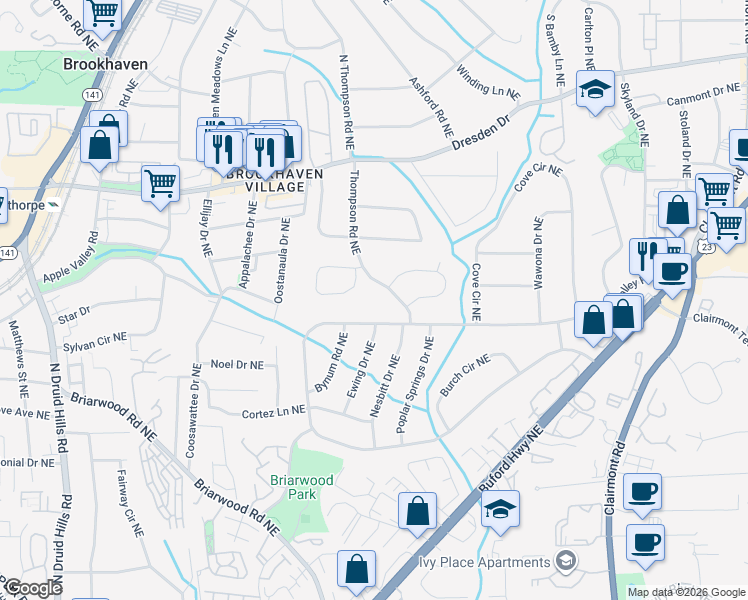 map of restaurants, bars, coffee shops, grocery stores, and more near 2432 Thompson Road Northeast in Brookhaven
