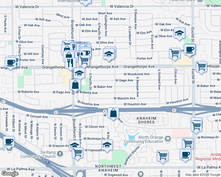 map of restaurants, bars, coffee shops, grocery stores, and more near 1512 West Baker Avenue in Fullerton