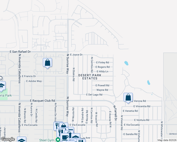 map of restaurants, bars, coffee shops, grocery stores, and more near 2912 North Cypress Road in Palm Springs