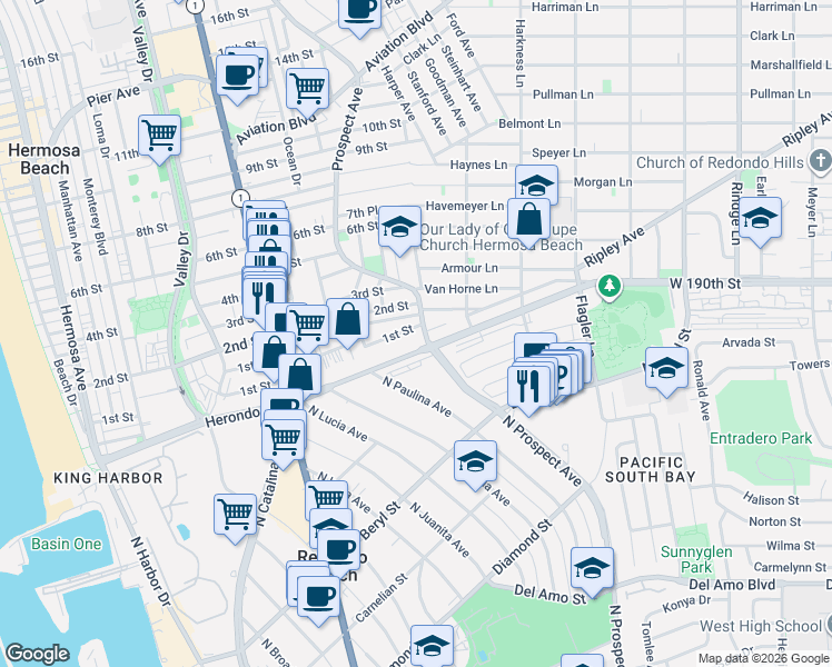 map of restaurants, bars, coffee shops, grocery stores, and more near in Redondo Beach