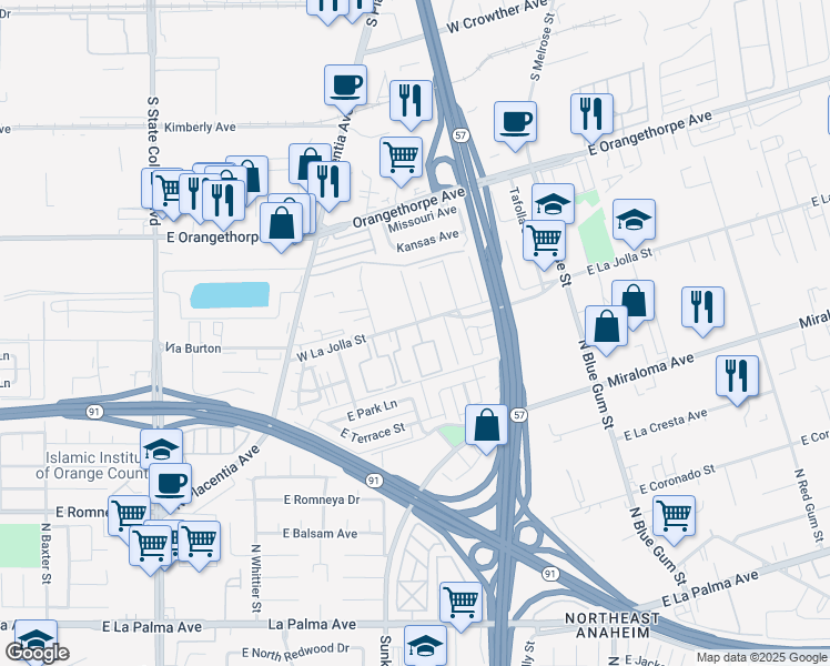 map of restaurants, bars, coffee shops, grocery stores, and more near 700 West La Jolla Street in Placentia