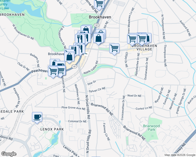 map of restaurants, bars, coffee shops, grocery stores, and more near 1262 Star Drive in Atlanta