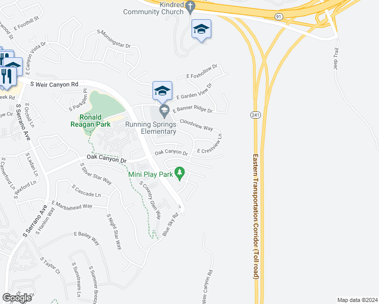 map of restaurants, bars, coffee shops, grocery stores, and more near 8794 Running Springs Drive in Anaheim