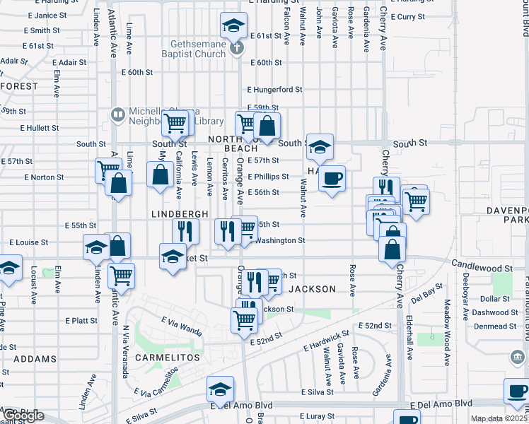 map of restaurants, bars, coffee shops, grocery stores, and more near 1320 East Michelson Street in Long Beach