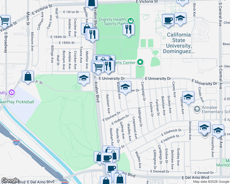 map of restaurants, bars, coffee shops, grocery stores, and more near 19209 Wadley Avenue in Carson