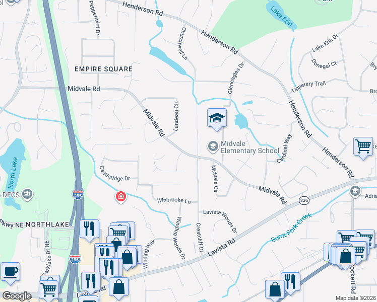 map of restaurants, bars, coffee shops, grocery stores, and more near 3780 Midvale Road in Tucker