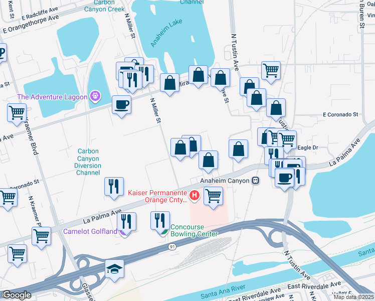 map of restaurants, bars, coffee shops, grocery stores, and more near 1200 North Miller Street in Anaheim