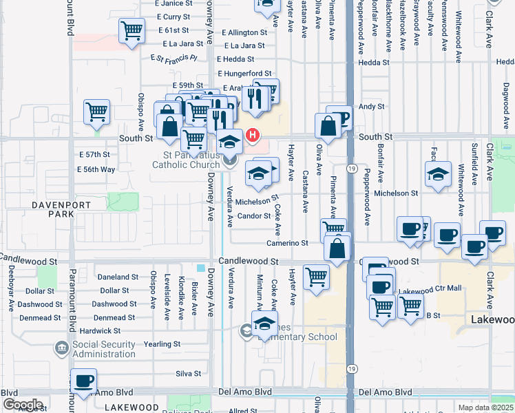 map of restaurants, bars, coffee shops, grocery stores, and more near 3708 Michelson Street in Lakewood