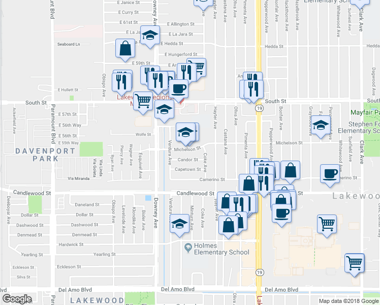 map of restaurants, bars, coffee shops, grocery stores, and more near 3708 Michelson Street in Lakewood