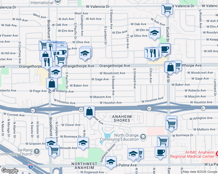 map of restaurants, bars, coffee shops, grocery stores, and more near 1425 West Roberta Avenue in Fullerton