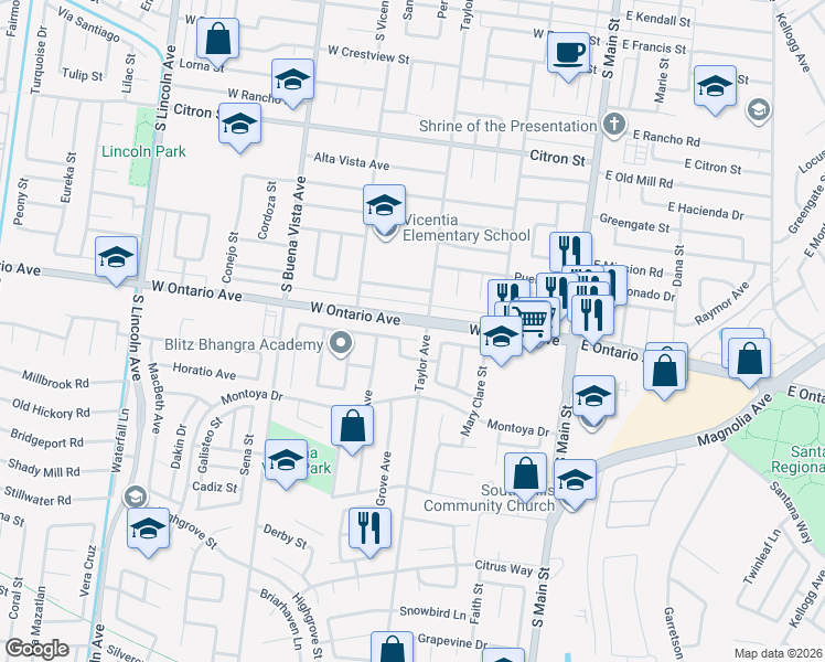 map of restaurants, bars, coffee shops, grocery stores, and more near 669 Alsace Drive in Corona
