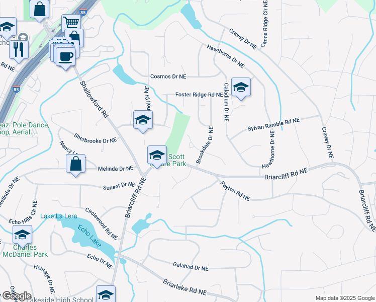 map of restaurants, bars, coffee shops, grocery stores, and more near 2743 Overlook Drive Northeast in Atlanta
