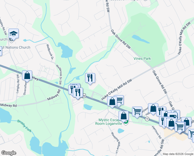 map of restaurants, bars, coffee shops, grocery stores, and more near 473 Cherry Creek Drive in Loganville