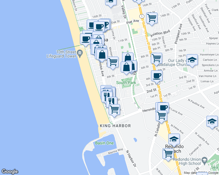 map of restaurants, bars, coffee shops, grocery stores, and more near 127 4th Street in Hermosa Beach