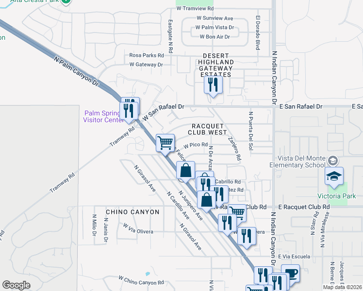 map of restaurants, bars, coffee shops, grocery stores, and more near 525 West Pico Road in Palm Springs