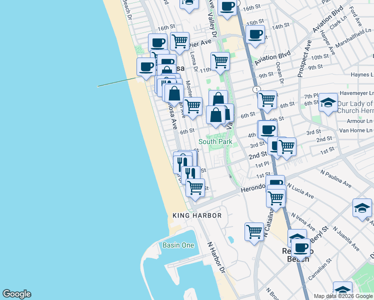map of restaurants, bars, coffee shops, grocery stores, and more near 127 4th Street in Hermosa Beach