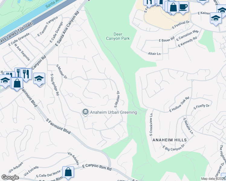 map of restaurants, bars, coffee shops, grocery stores, and more near 395 South Shivom Court in Anaheim