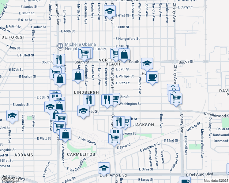 map of restaurants, bars, coffee shops, grocery stores, and more near 5520 Orange Avenue in Long Beach