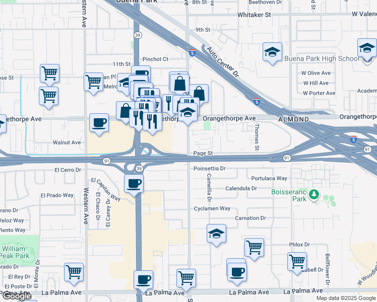 map of restaurants, bars, coffee shops, grocery stores, and more near 5941 Stanton Avenue in Buena Park