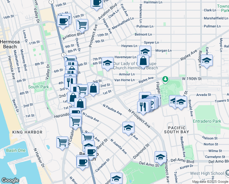 map of restaurants, bars, coffee shops, grocery stores, and more near North Prospect Avenue in Hermosa Beach