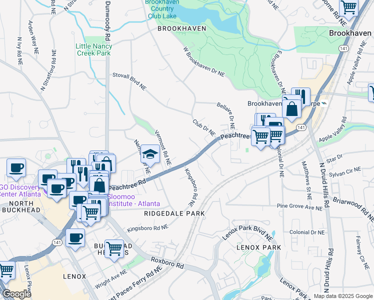 map of restaurants, bars, coffee shops, grocery stores, and more near 3750 Peachtree Road in Atlanta