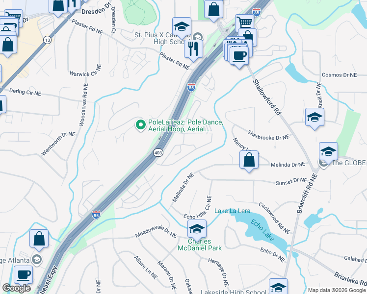 map of restaurants, bars, coffee shops, grocery stores, and more near 2345 Peachwood Circle Northeast in Atlanta