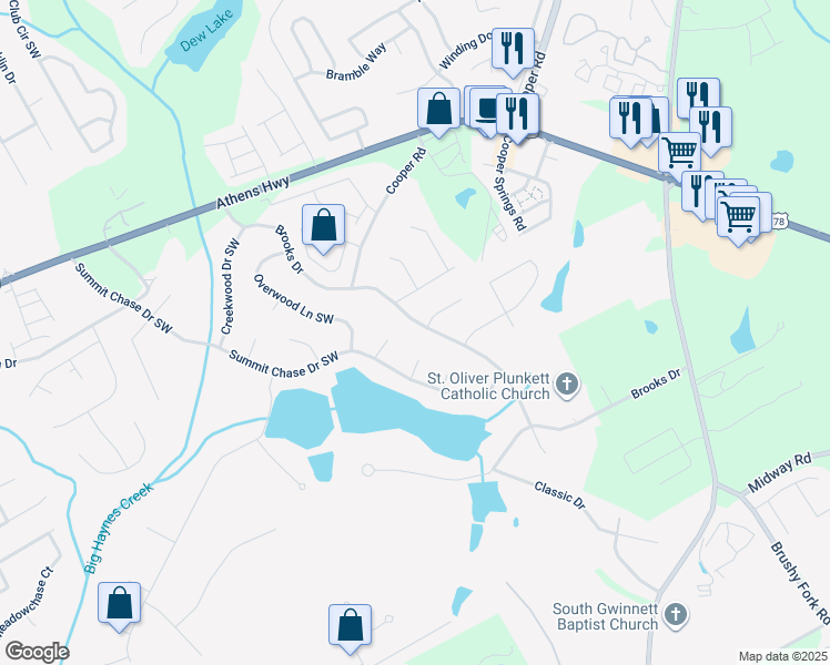 map of restaurants, bars, coffee shops, grocery stores, and more near 3021 Brooks Drive in Snellville