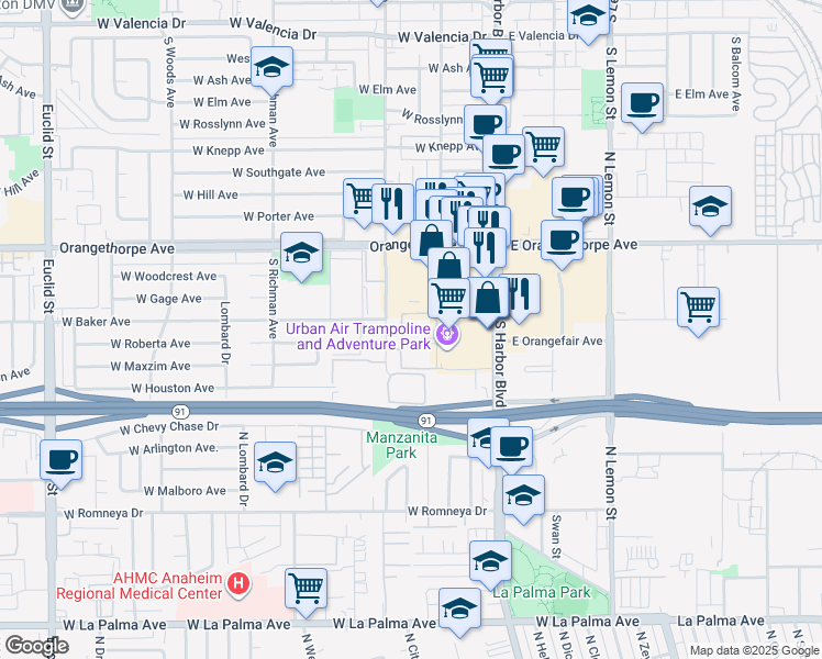 map of restaurants, bars, coffee shops, grocery stores, and more near 1414 South Highland Avenue in Fullerton
