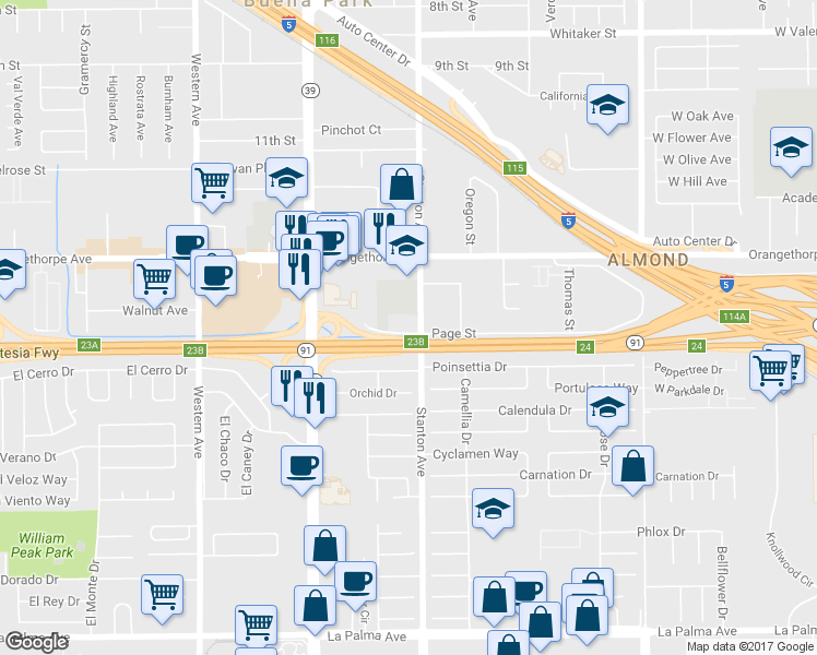 map of restaurants, bars, coffee shops, grocery stores, and more near 7161 Stanton Avenue in Buena Park