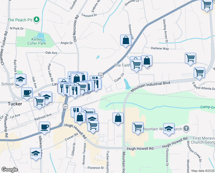 map of restaurants, bars, coffee shops, grocery stores, and more near 2513 Ivey Crest Circle in Tucker