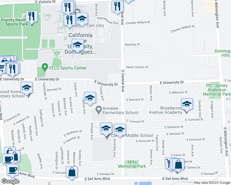 map of restaurants, bars, coffee shops, grocery stores, and more near 1255 East Millmont Street in Carson