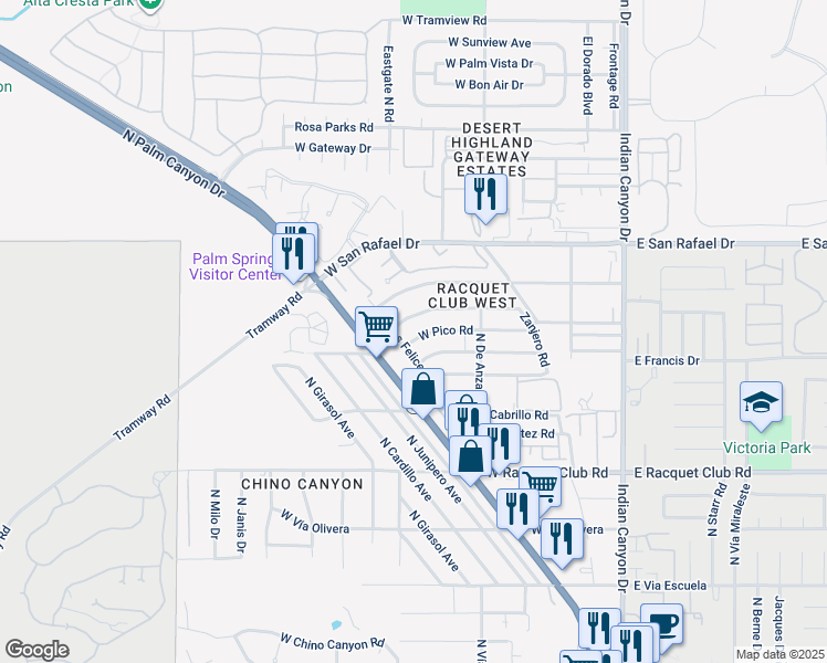 map of restaurants, bars, coffee shops, grocery stores, and more near 525 West Pico Road in Palm Springs