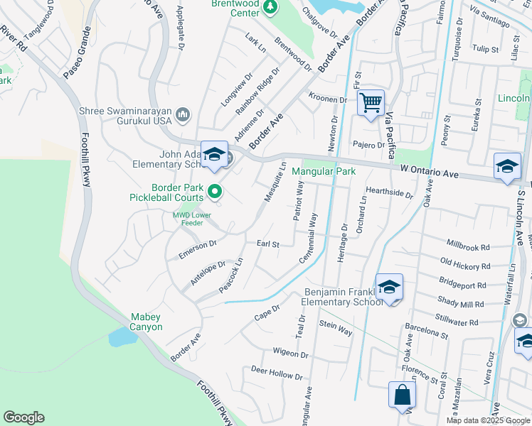 map of restaurants, bars, coffee shops, grocery stores, and more near 2396 Independence Circle in Corona
