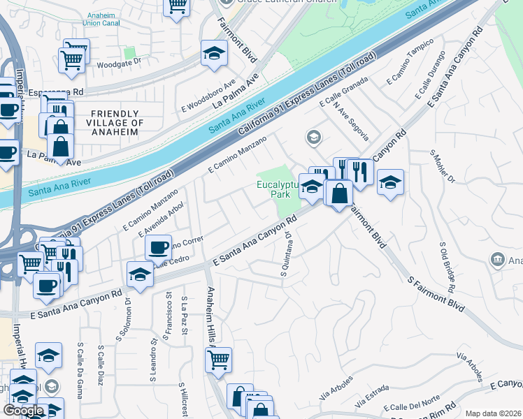 map of restaurants, bars, coffee shops, grocery stores, and more near 6179 East Paseo Rio Verde in Anaheim