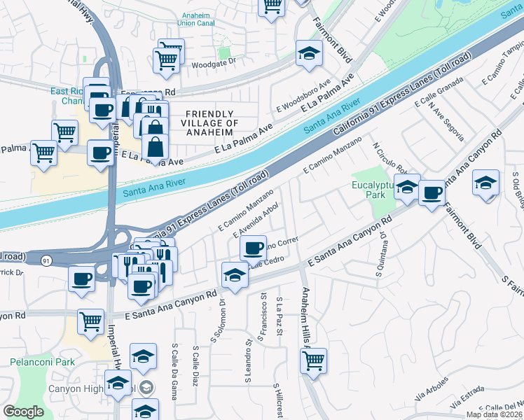 map of restaurants, bars, coffee shops, grocery stores, and more near 6033 East Avenida Arbol in Anaheim