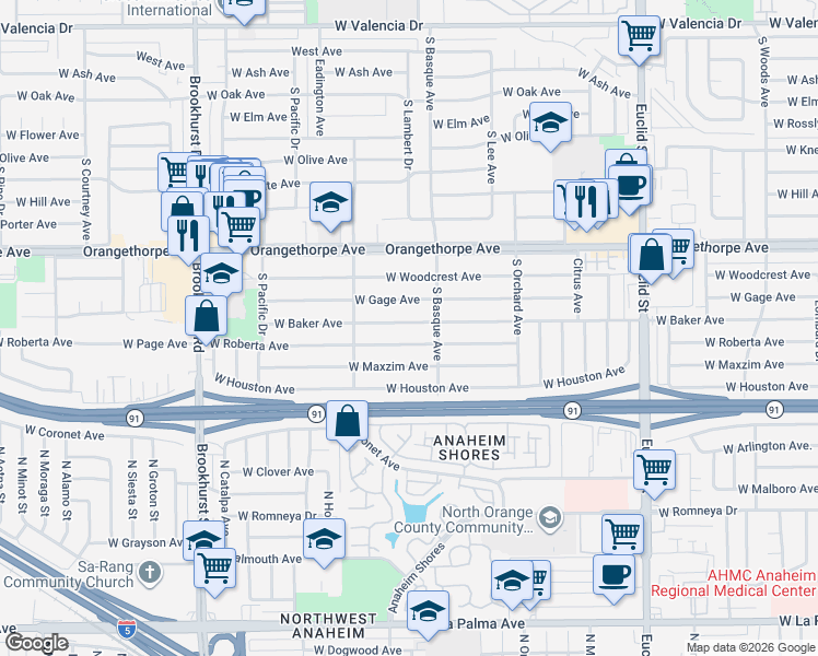 map of restaurants, bars, coffee shops, grocery stores, and more near 1425 West Roberta Avenue in Fullerton