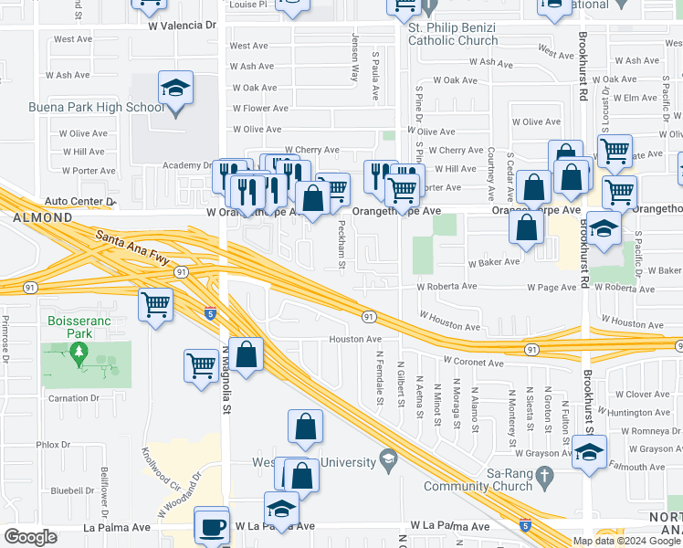 map of restaurants, bars, coffee shops, grocery stores, and more near 1438 South Peckham Street in Fullerton