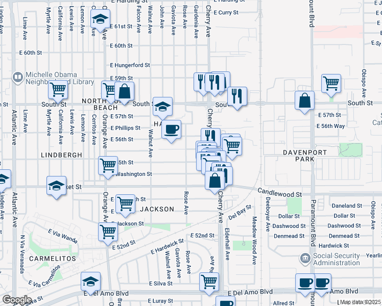 map of restaurants, bars, coffee shops, grocery stores, and more near 1825 East 55th Street in Long Beach