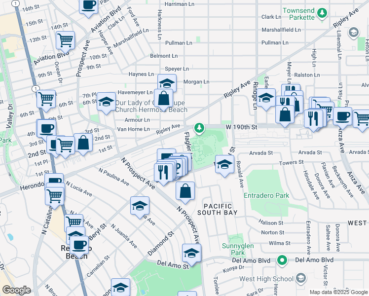 map of restaurants, bars, coffee shops, grocery stores, and more near 298 Flagler Lane in Redondo Beach