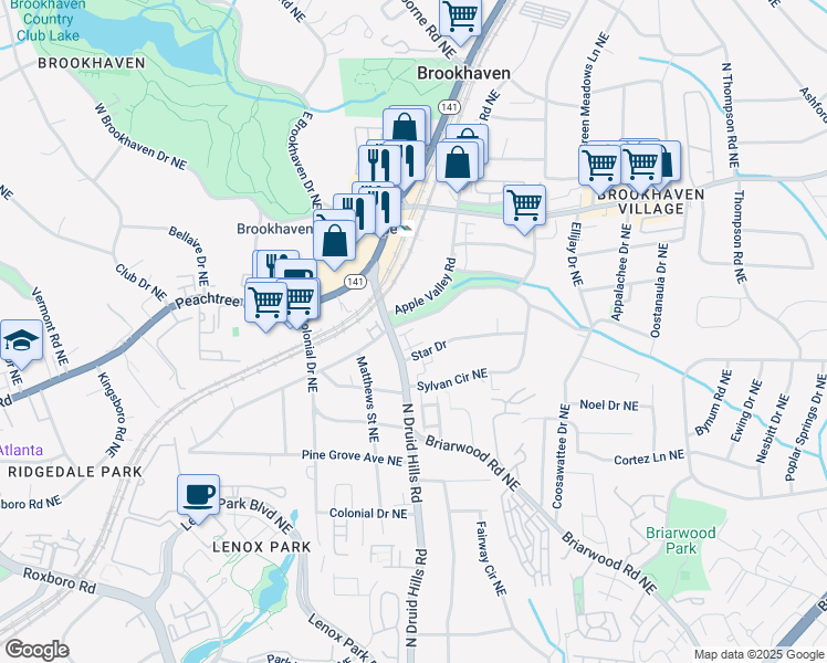 map of restaurants, bars, coffee shops, grocery stores, and more near 2593 Brookhaven Chase Lane Northeast in Atlanta