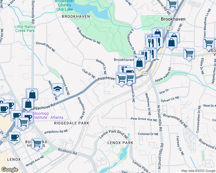 map of restaurants, bars, coffee shops, grocery stores, and more near 2443 East Club Drive Northeast in Atlanta