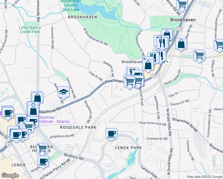 map of restaurants, bars, coffee shops, grocery stores, and more near 3777 Peachtree Road Northeast in Atlanta