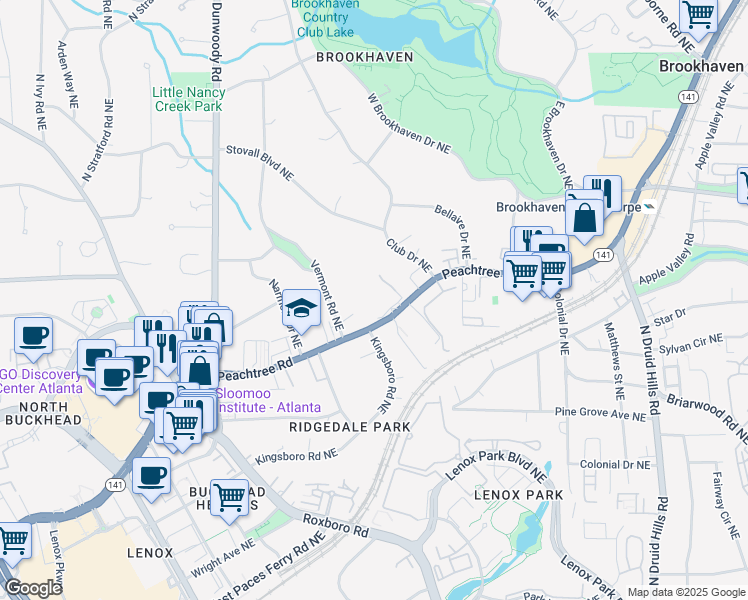 map of restaurants, bars, coffee shops, grocery stores, and more near 3750 Peachtree Road Northeast in Atlanta