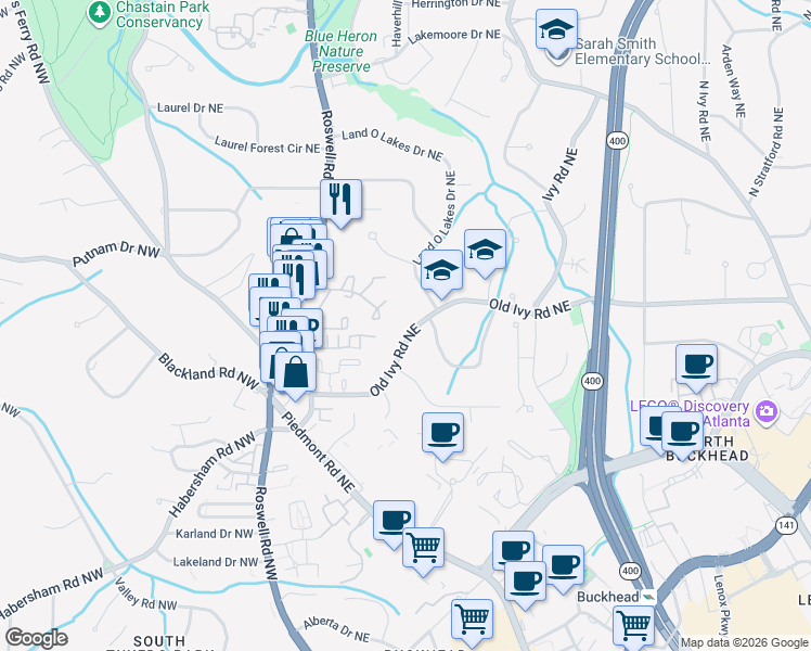 map of restaurants, bars, coffee shops, grocery stores, and more near 54 Ivy Parkway Northeast in Atlanta