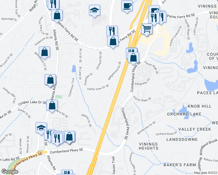map of restaurants, bars, coffee shops, grocery stores, and more near 3977 Orchard Road Southeast in Smyrna
