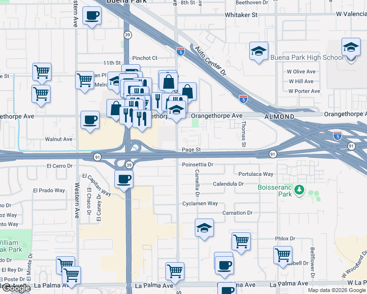 map of restaurants, bars, coffee shops, grocery stores, and more near 8041 Page Street in Buena Park