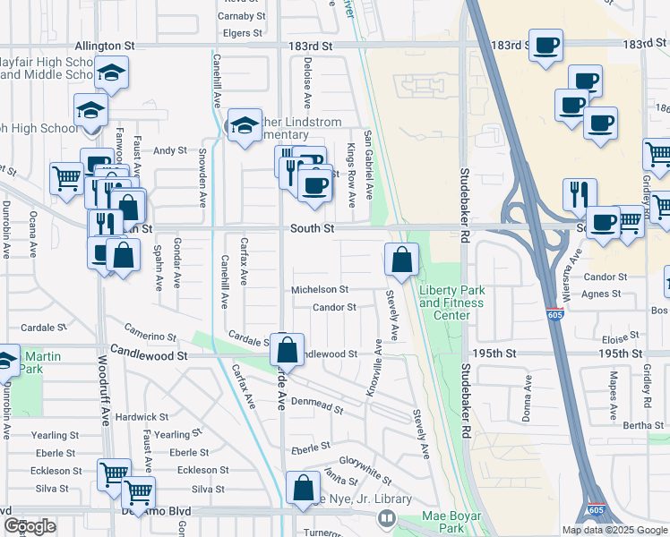 map of restaurants, bars, coffee shops, grocery stores, and more near 5503 Iroquois Avenue in Lakewood