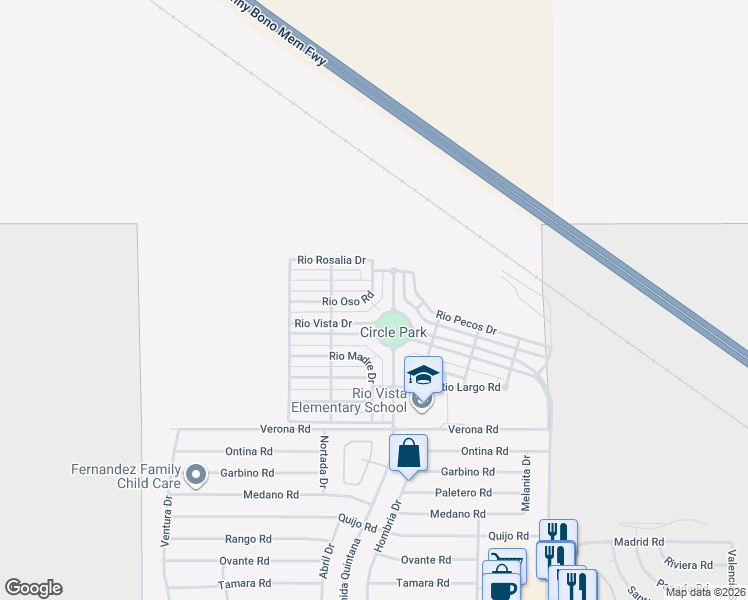 map of restaurants, bars, coffee shops, grocery stores, and more near 26366 Rio Oso Road in Cathedral City
