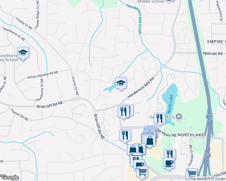map of restaurants, bars, coffee shops, grocery stores, and more near 3131 Kings Arms Court in Atlanta